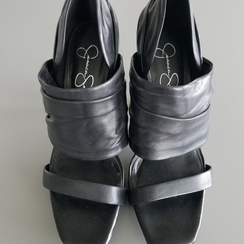Black Leather Platform Heeled Sandals w/ Zip Back